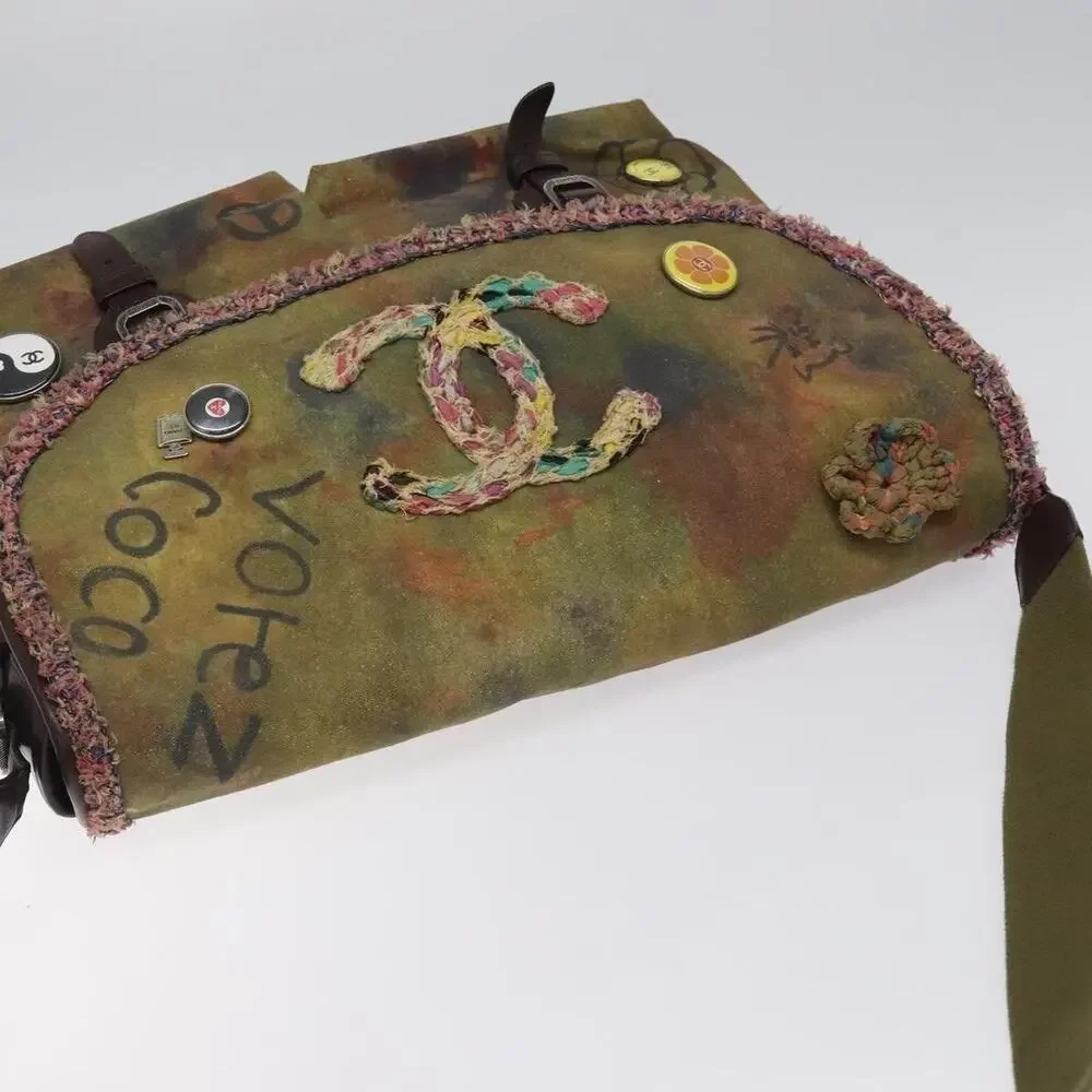 Chanel Embroidery Graffiti CC Canvas Leather Shoulder Bag Khaki